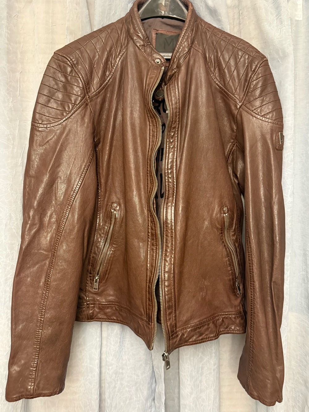 Men's Brown Leather Biker Jacket with Quilted Shoulders